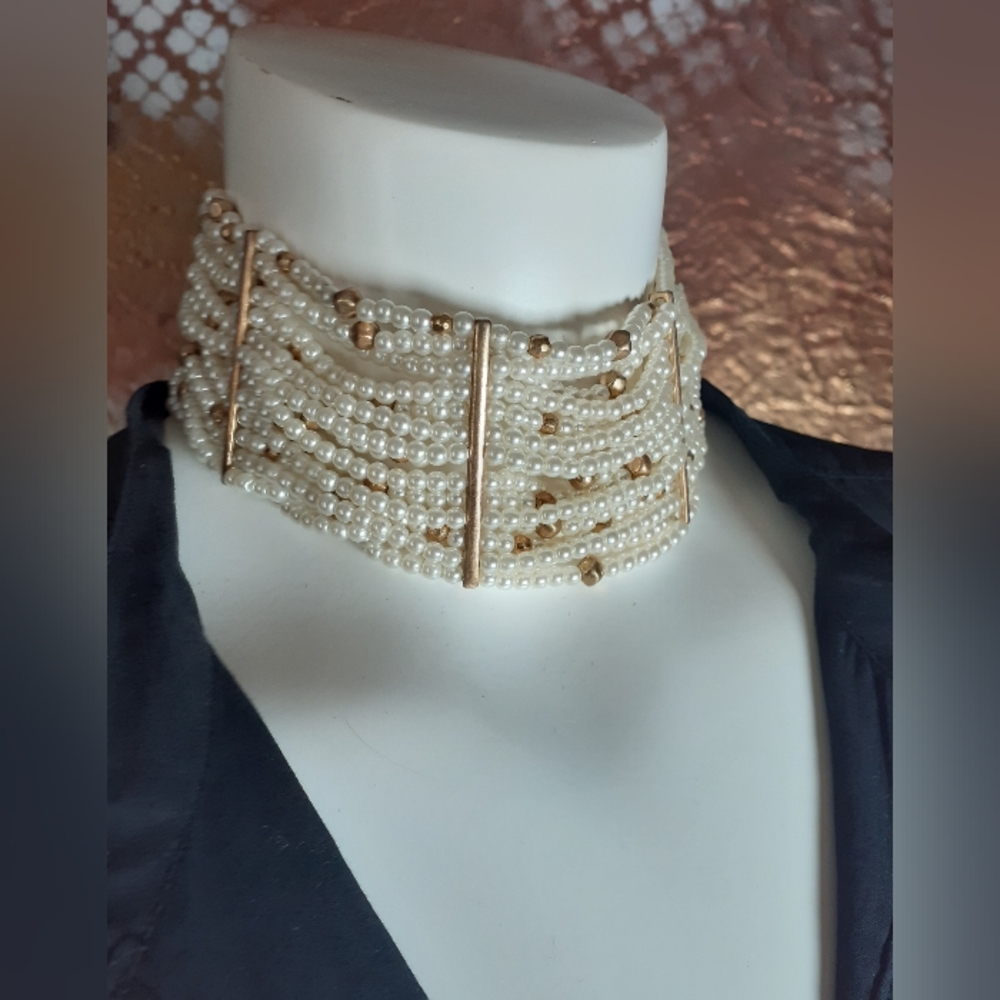 Zara Cream Pearl Multi-Row Choker with Gold Accents - Picture 2 of 14